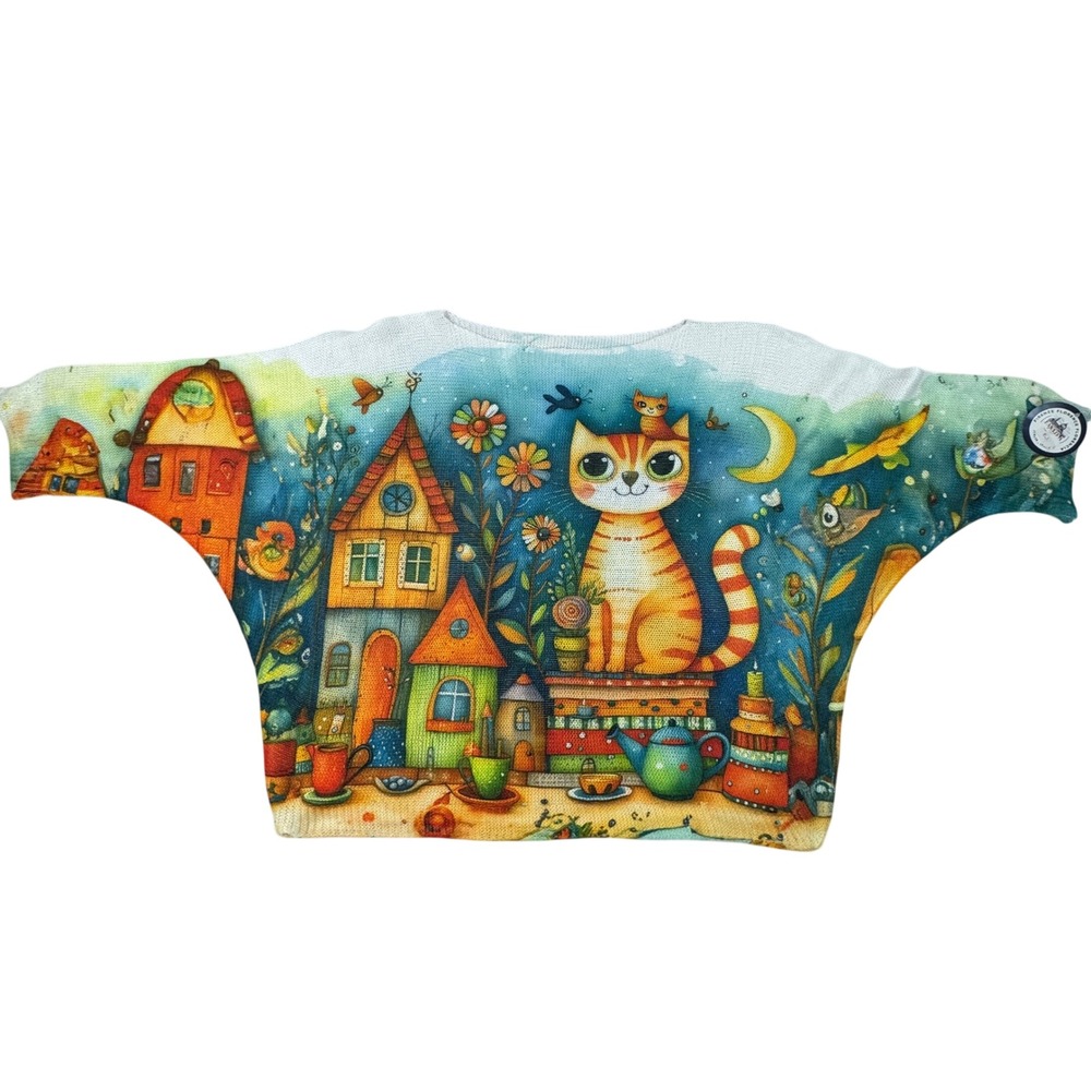Fanatya Florence Italy Whimsical Cat Graphic Knit Batwing Top OS Boho Eclectic
